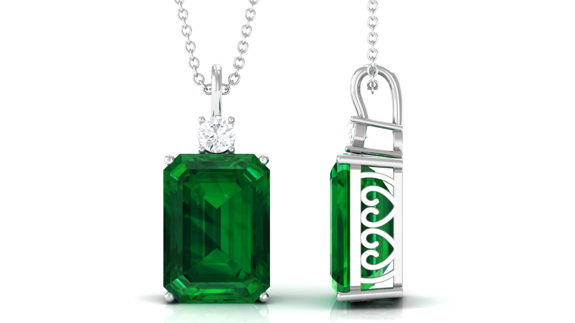 Octagon Cut Created Emerald Solitaire Pendant with Moissanite Lab Created Emerald - ( AAAA ) - Quality - Rosec Jewels