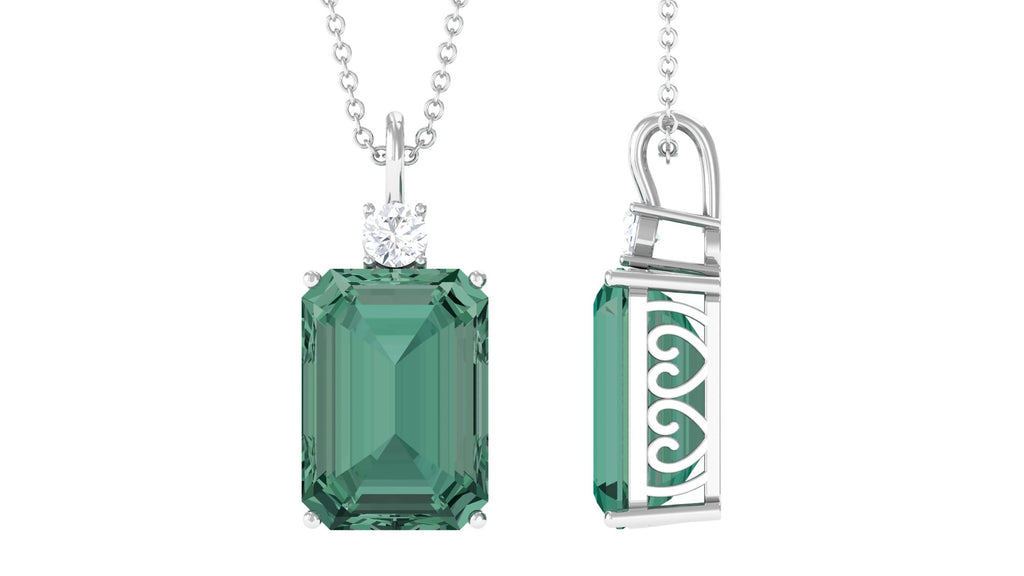 Emerald Cut Solitaire Created Green Sapphire Pendant with Moissanite Lab Created Green Sapphire - ( AAAA ) - Quality - Rosec Jewels
