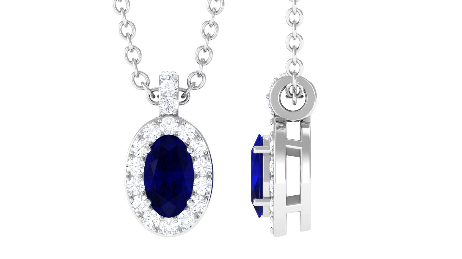 Blue Sapphire Pendant Necklace with Diamond Blue Sapphire - ( AAA ) - Quality - Rosec Jewels