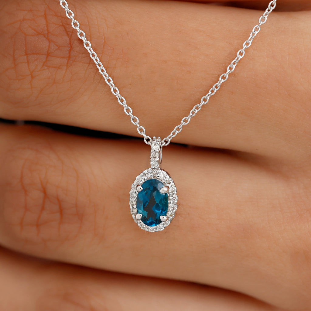 Classic Oval London Blue Topaz and Diamond Halo Pendant London Blue Topaz - ( AAA ) - Quality - Rosec Jewels