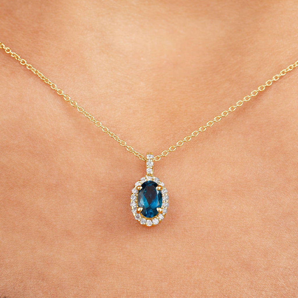 Classic Oval London Blue Topaz and Diamond Halo Pendant London Blue Topaz - ( AAA ) - Quality - Rosec Jewels