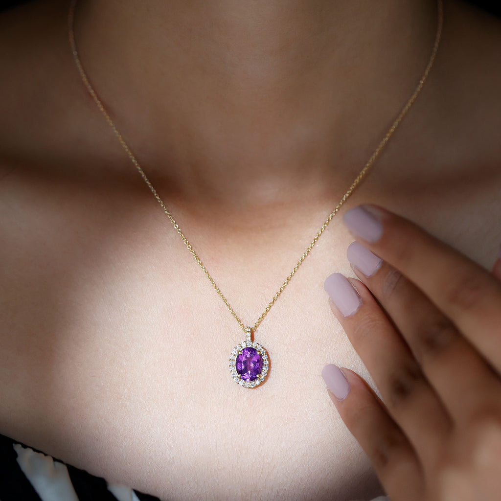 3 CT Certified Amethyst Gold Pendant with Moissanite Halo Amethyst - ( AAA ) - Quality - Rosec Jewels