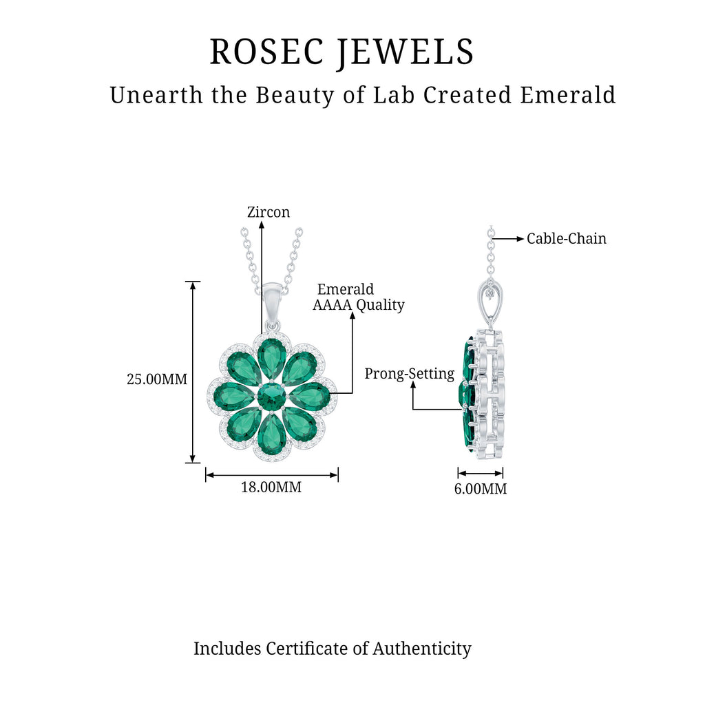 Pear Cut Created Emerald Flower Pendant with Zircon Accent Lab Created Emerald - ( AAAA ) - Quality - Rosec Jewels