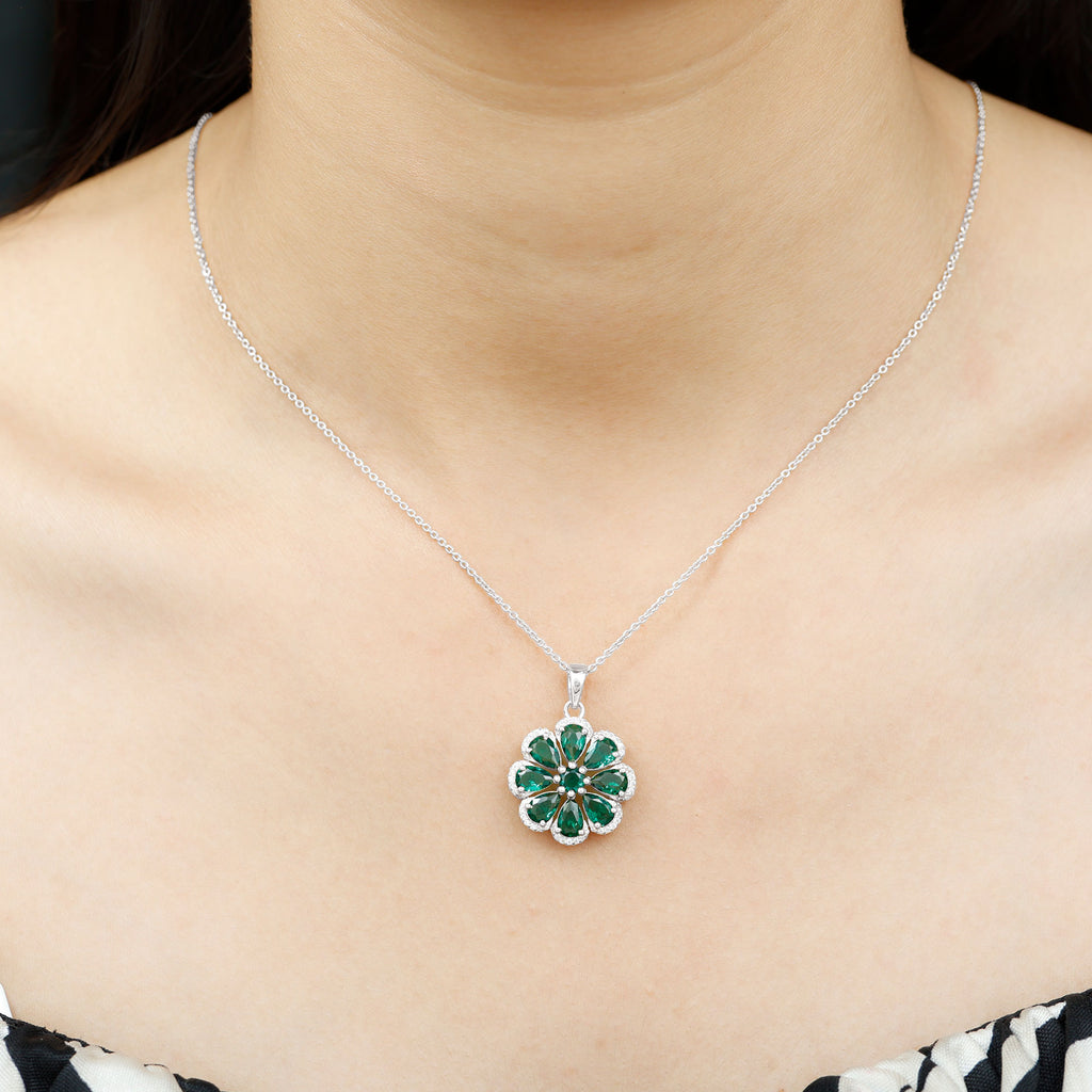 Pear Cut Created Emerald Flower Pendant with Zircon Accent Lab Created Emerald - ( AAAA ) - Quality - Rosec Jewels