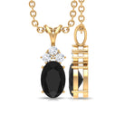 Minimal Black Onyx Oval Pendant Necklace with Diamond Black Onyx - ( AAA ) - Quality - Rosec Jewels