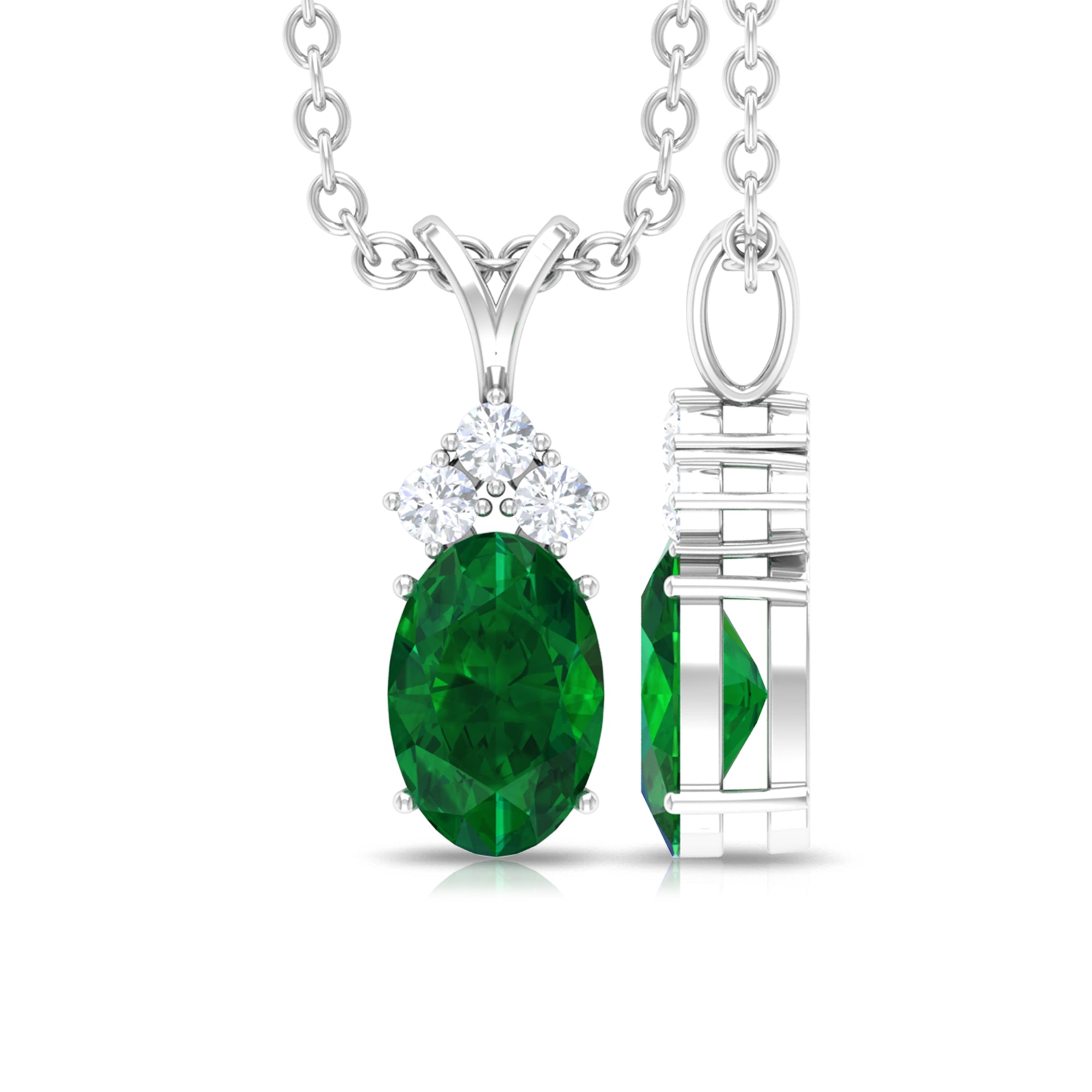 Simple Emerald Oval Pendant Necklace with Diamond Trio Emerald - ( AAA ) - Quality - Rosec Jewels