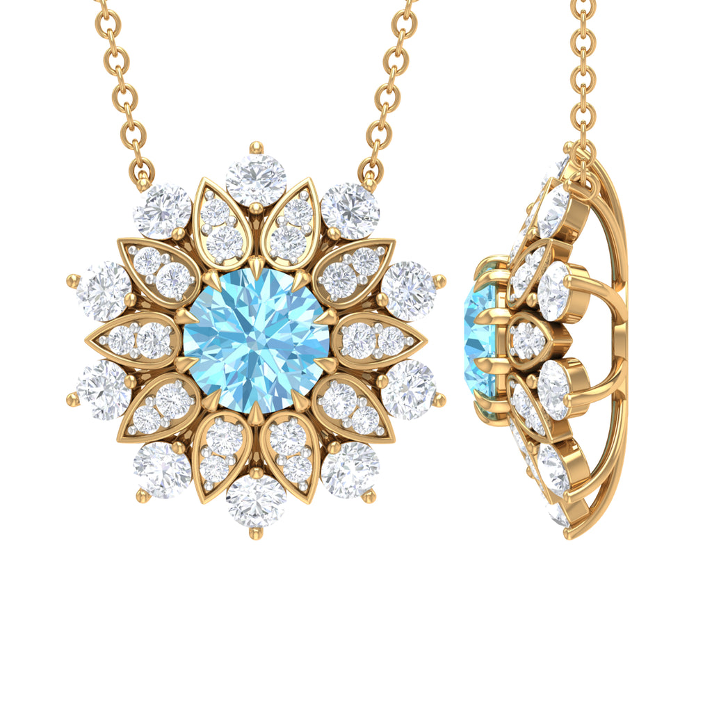 Aquamarine and Moissanite Flower Statement Necklace Aquamarine - ( AAA ) - Quality - Rosec Jewels