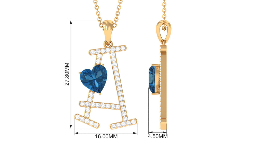 Heart Initial A Pendant with London Blue Topaz and Diamond London Blue Topaz - ( AAA ) - Quality - Rosec Jewels