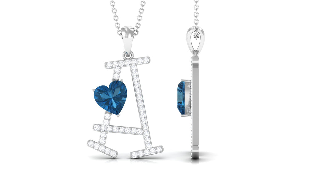 Heart Initial A Pendant with London Blue Topaz and Diamond London Blue Topaz - ( AAA ) - Quality - Rosec Jewels