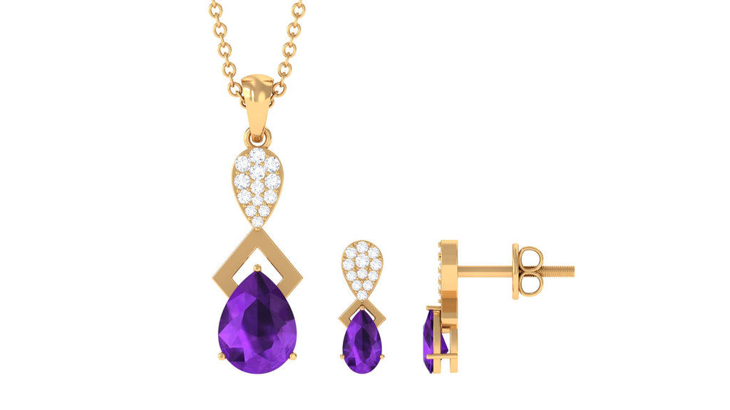Natural Amethyst and Diamond Dangle Pendant and Earrings Set Amethyst - ( AAA ) - Quality - Rosec Jewels