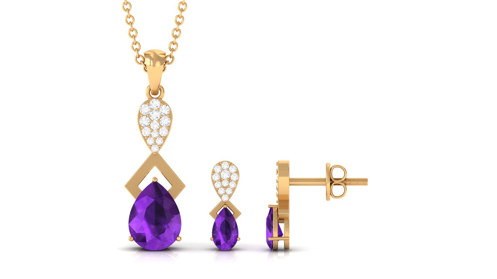 Natural Amethyst and Diamond Dangle Pendant and Earrings Set Amethyst - ( AAA ) - Quality - Rosec Jewels