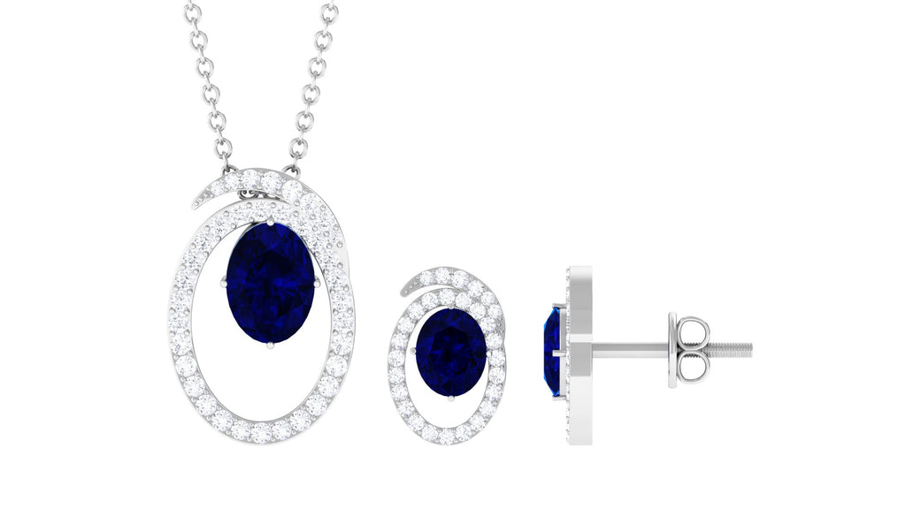 Oval Created Blue Sapphire and Diamond Contemporary Jewelry Set Lab Created Blue Sapphire - ( AAAA ) - Quality - Rosec Jewels