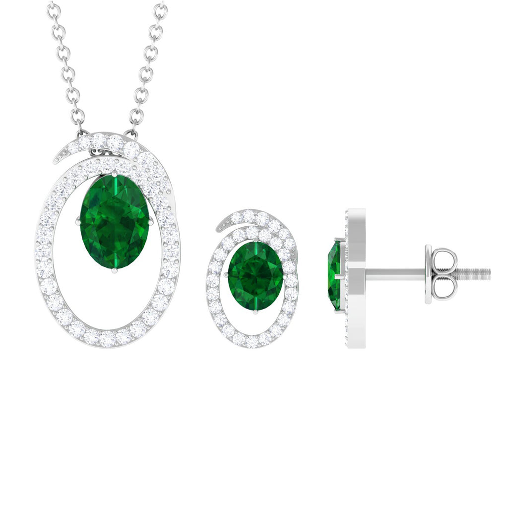 Oval Created Emerald and Moissanite Contemporary Jewelry Set Lab Created Emerald - ( AAAA ) - Quality - Rosec Jewels