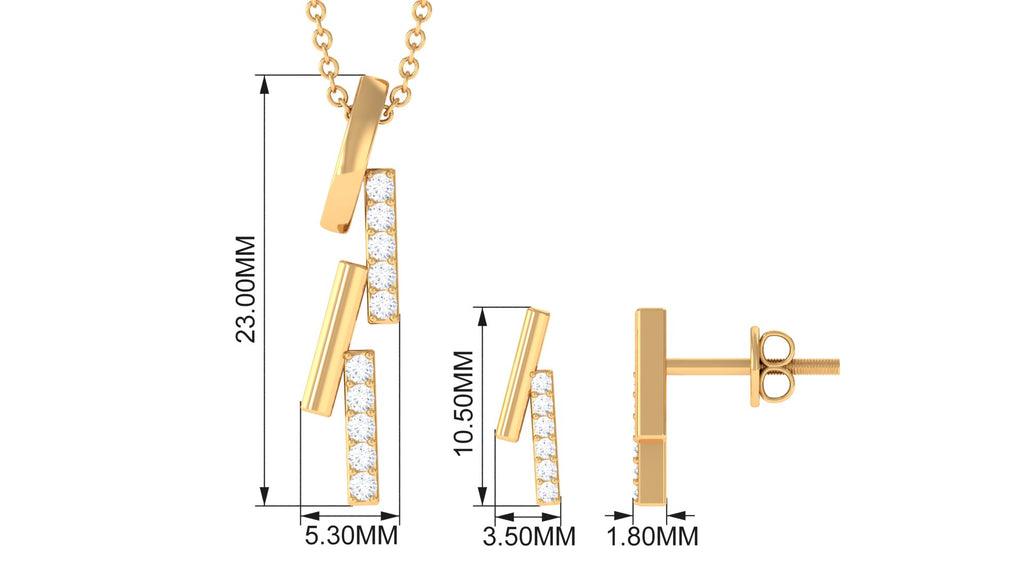 Gold and Diamond Bar Dangle Pendant Earrings Set Diamond - ( HI-SI ) - Color and Clarity - Rosec Jewels