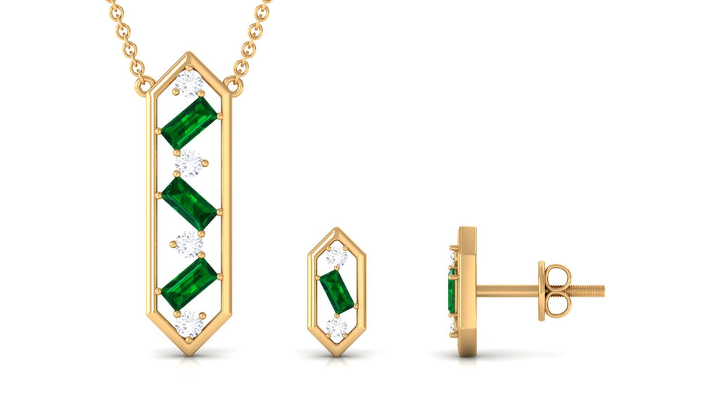 Contemporary Created Emerald and Diamond Dangle jewelry Set Lab Created Emerald - ( AAAA ) - Quality - Rosec Jewels