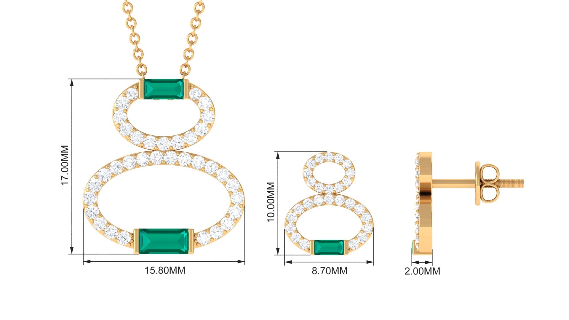 Baguette Cut Emerald Classic Necklace and Earrings Set with Diamond Emerald - ( AAA ) - Quality - Rosec Jewels