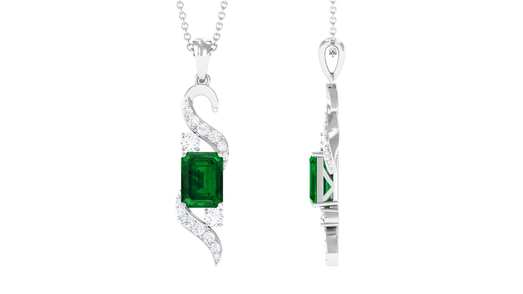 2.25 CT Octagon Cut Created Emerald Designer Drop Pendant with Diamond Lab Created Emerald - ( AAAA ) - Quality - Rosec Jewels
