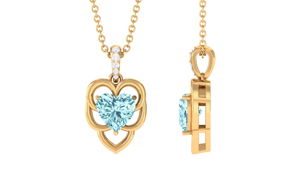 Heart Shape Aquamarine Leaf Pendant with Diamond Accent Bail Aquamarine - ( AAA ) - Quality - Rosec Jewels