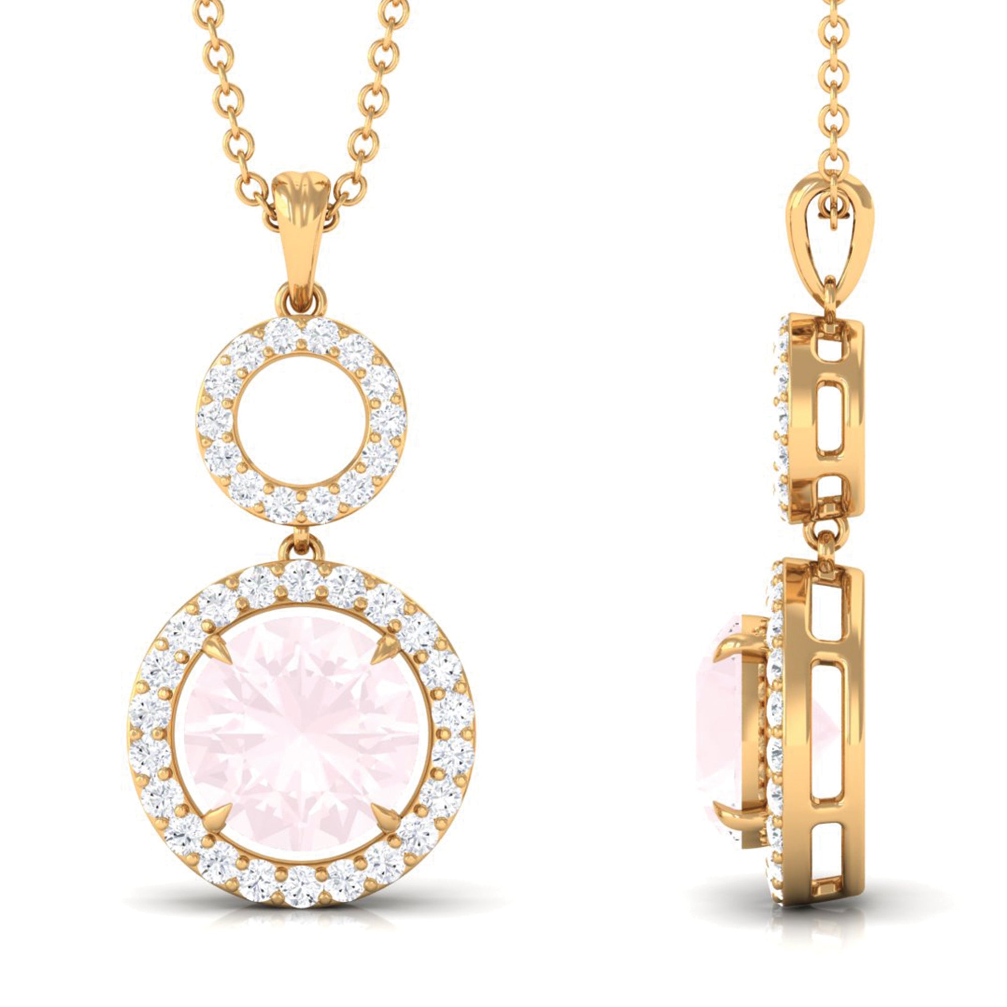 Rose Quartz and Diamond Dangle Pendant Rose Quartz - ( AAA ) - Quality - Rosec Jewels