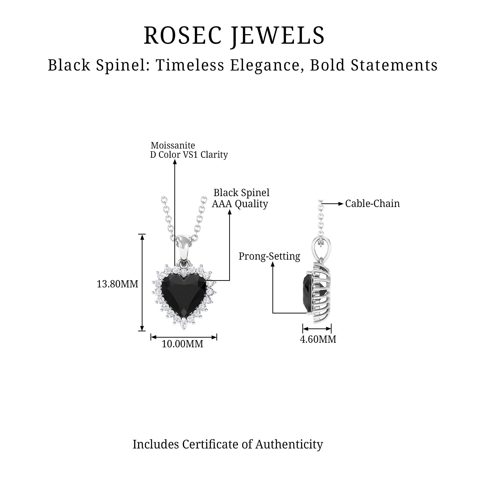 Heart Shape Black Spinel Solitaire Pendant with Moissanite Halo Black Spinel - ( AAA ) - Quality - Rosec Jewels