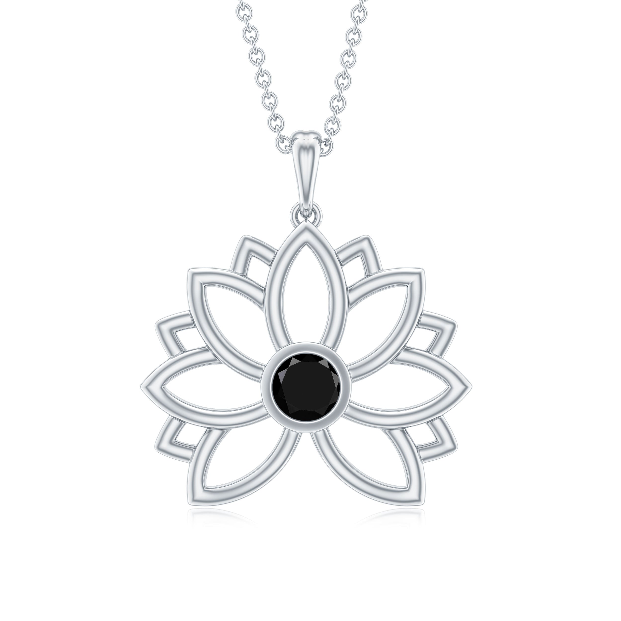Lotus Flower Pendant with Bezel Set Black Onyx Solitaire Black Onyx - ( AAA ) - Quality - Rosec Jewels
