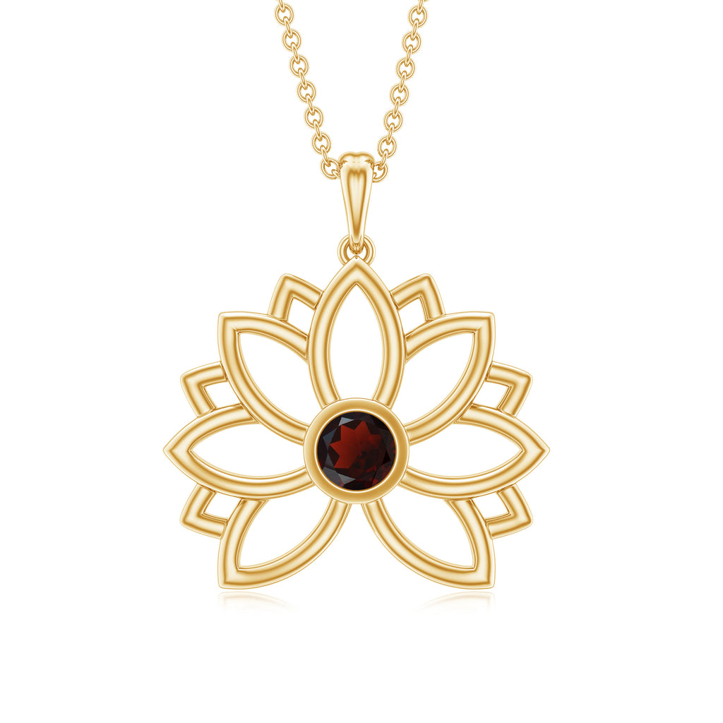 Gold Lotus Flower Pendant with 3 MM Round Cut Garnet Garnet - ( AAA ) - Quality - Rosec Jewels