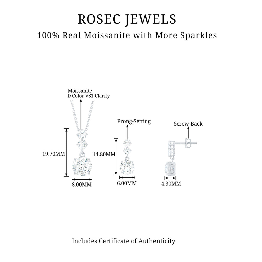 5.25 CT Moissanite 3 Stone Drop Dangle Earring and Necklace Set Moissanite - ( D-VS1 ) - Color and Clarity - Rosec Jewels