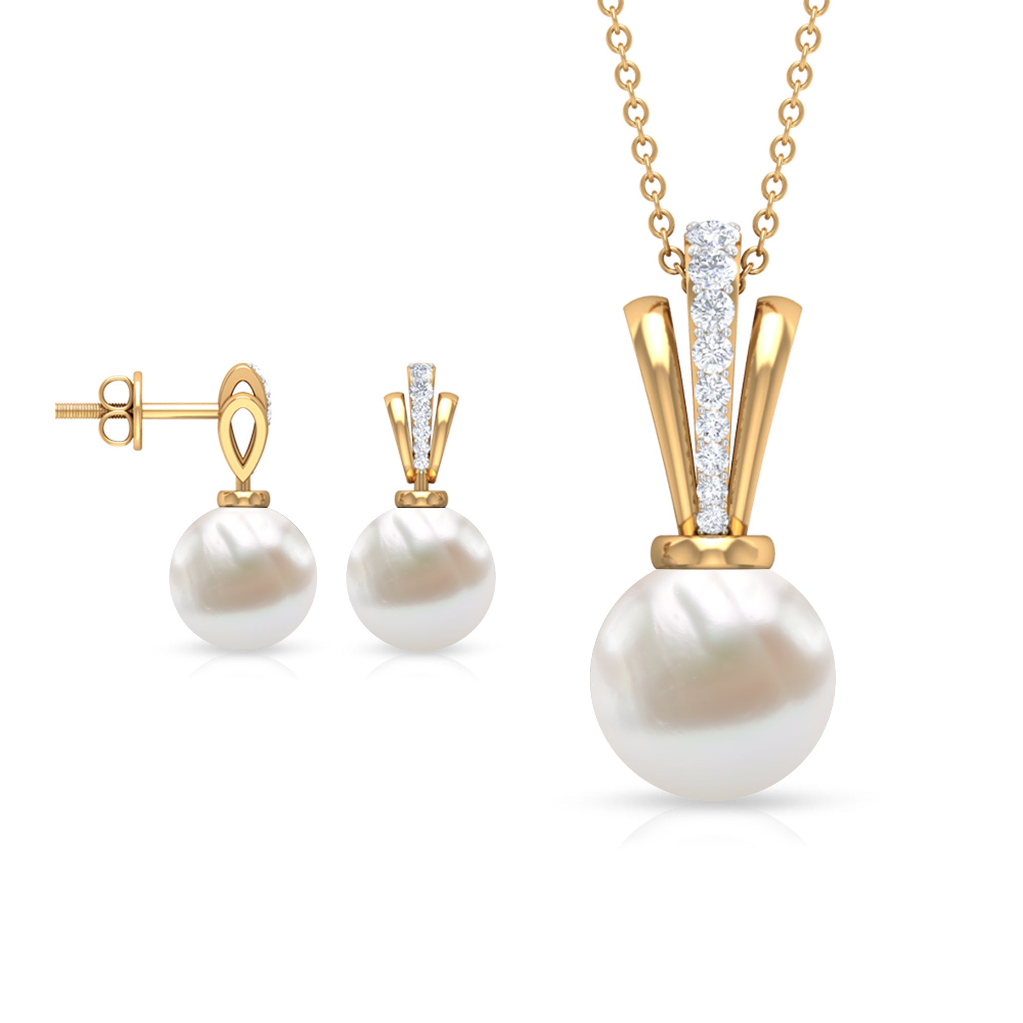 Natural Freshwater Pearl Drop Jewelry Set with Diamond Freshwater Pearl - ( AAA ) - Quality - Rosec Jewels