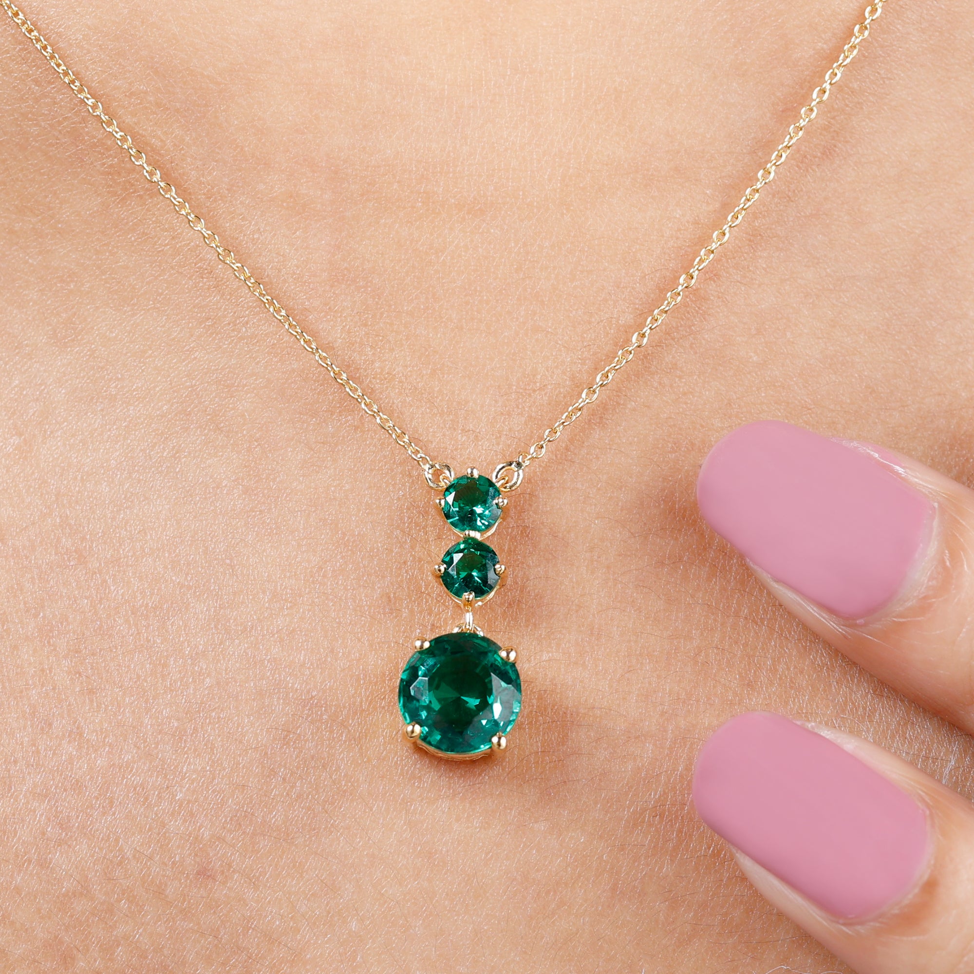 Lab-Created Emerald Three Stone Dangle Jewelry Set Lab Created Emerald - ( AAAA ) - Quality - Rosec Jewels