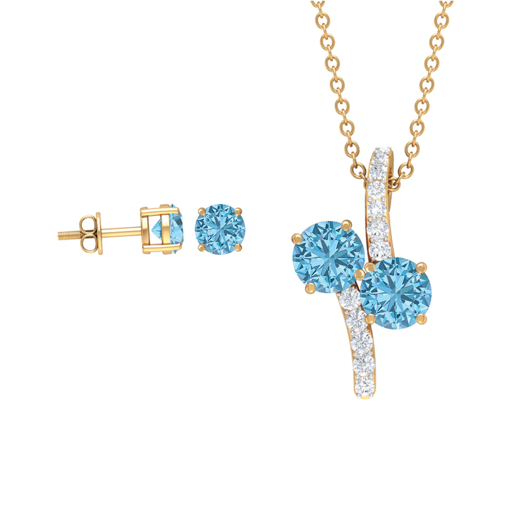 5 MM Aquamarine Minimal Jewelry Set with Diamond Accent Aquamarine - ( AAA ) - Quality - Rosec Jewels