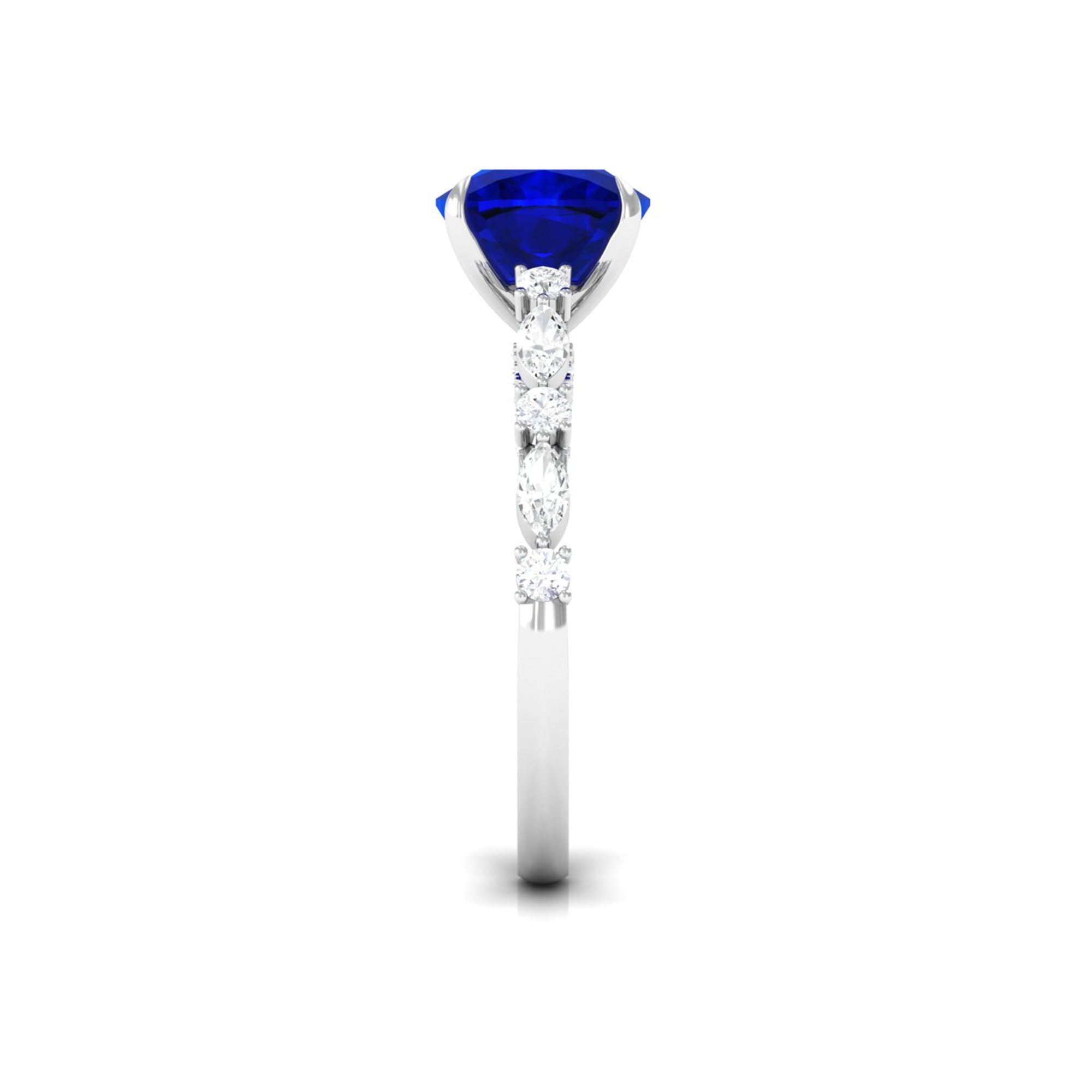 Cushion Cut Created Blue Sapphire Solitaire Engagement Ring with Diamond Lab Created Blue Sapphire - ( AAAA ) - Quality - Rosec Jewels