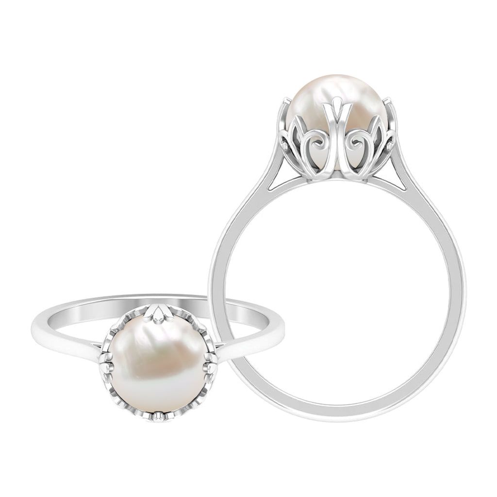 Natural Freshwater Pearl Solitaire Flower Ring Freshwater Pearl - ( AAA ) - Quality - Rosec Jewels