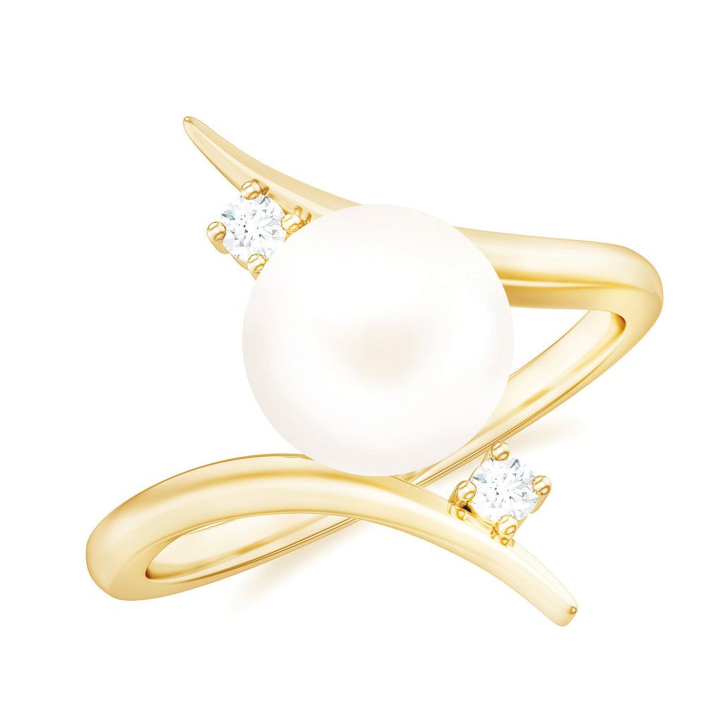 7.50 CT Freshwater Pearl Solitaire Bypass Ring with Diamond Freshwater Pearl - ( AAA ) - Quality - Rosec Jewels