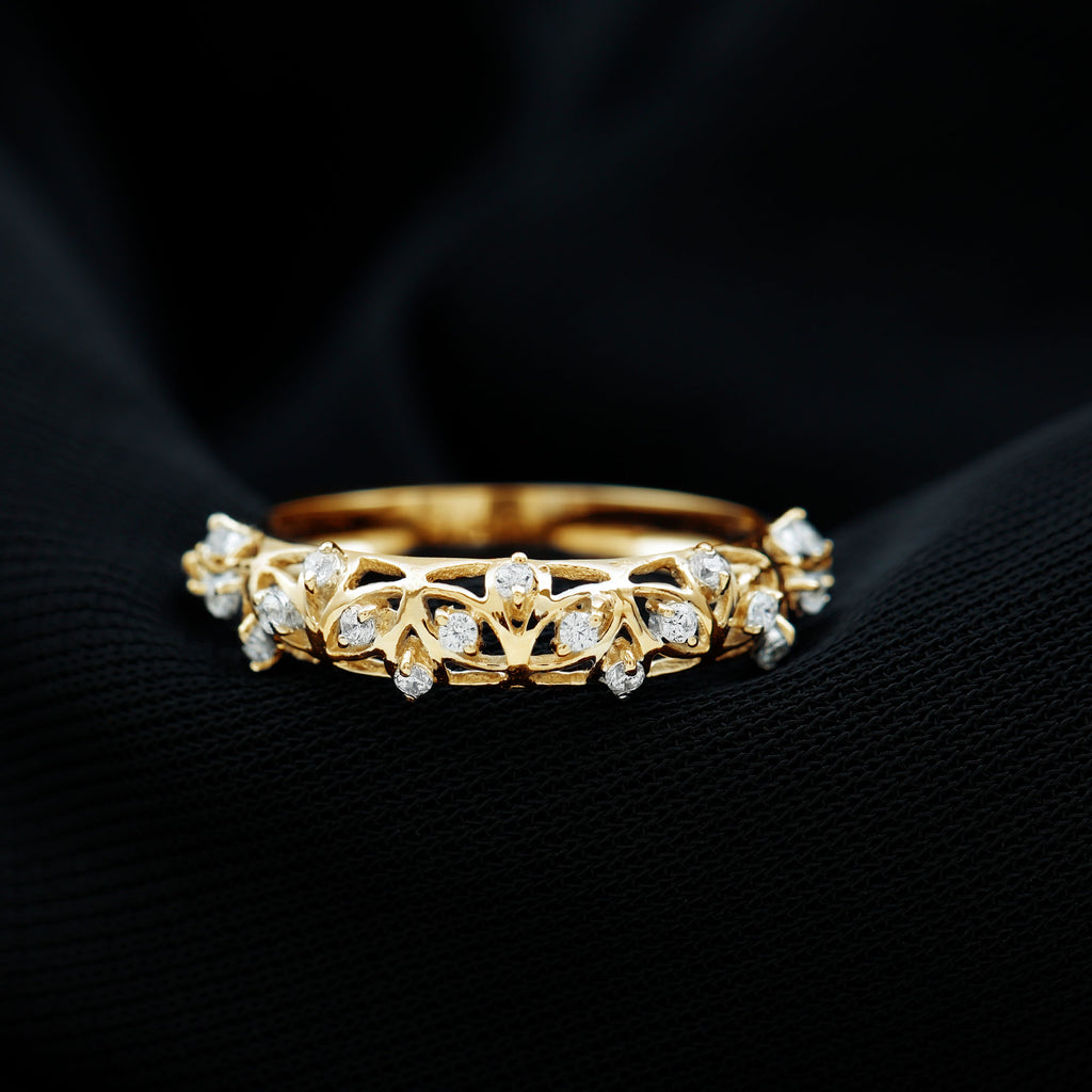 Round Diamond Semi Eternity Band Ring with Gold Filigree Details Diamond - ( HI-SI ) - Color and Clarity - Rosec Jewels