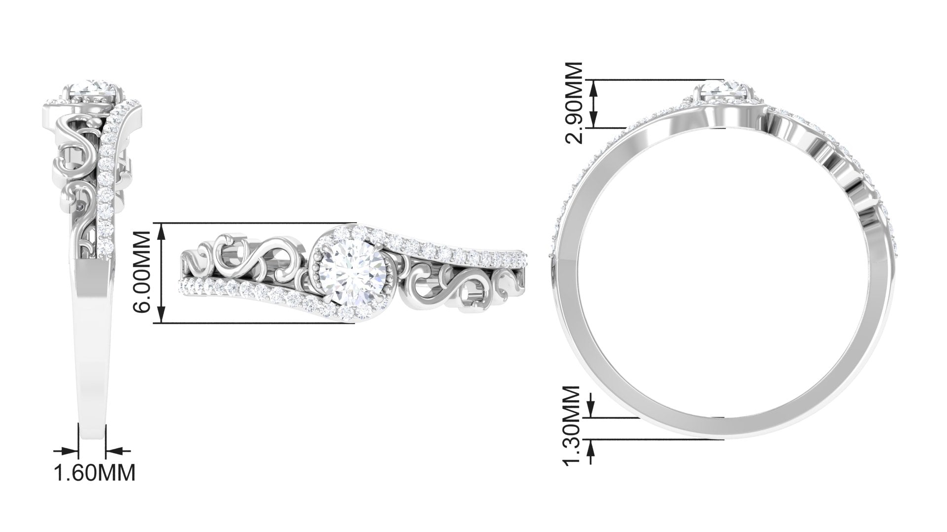 1/2 CT Genuine Diamond Engagement Ring with Bypass Shank Diamond - ( HI-SI ) - Color and Clarity - Rosec Jewels