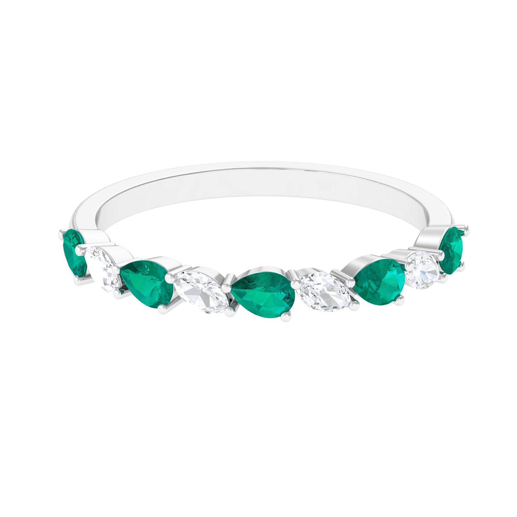 Emerald and Moissanite Half Eternity Ring in Prong Setting Emerald - ( AAA ) - Quality - Rosec Jewels