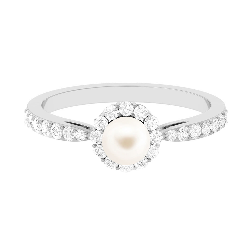 2.75 CT Classic Freshwater Pearl Promise Ring with Diamond Halo Freshwater Pearl - ( AAA ) - Quality - Rosec Jewels