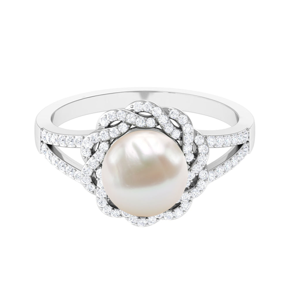 Split Shank Freshwater Pearl and Diamond Braided Statement Ring Freshwater Pearl - ( AAA ) - Quality - Rosec Jewels