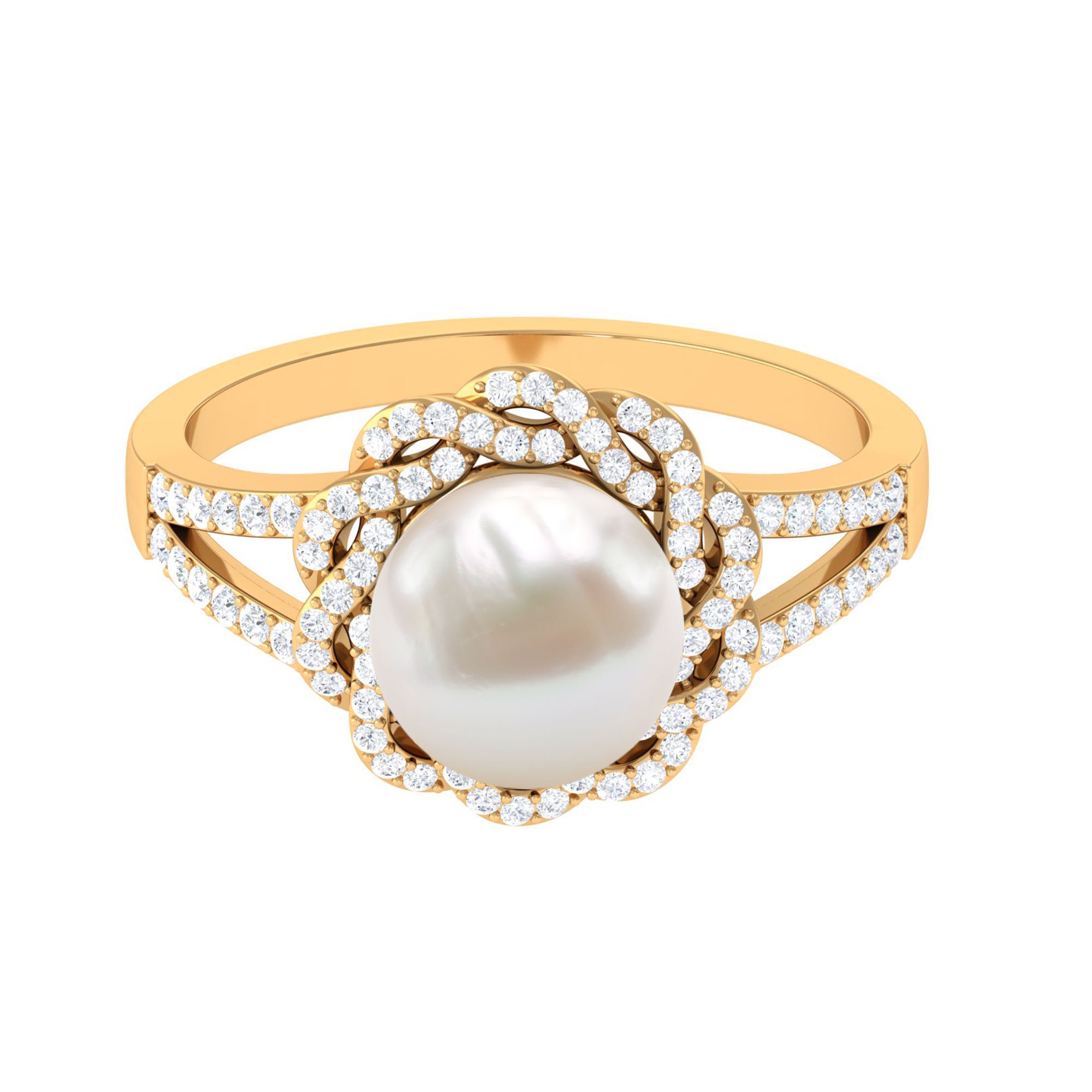 Split Shank Freshwater Pearl and Diamond Braided Statement Ring Freshwater Pearl - ( AAA ) - Quality - Rosec Jewels