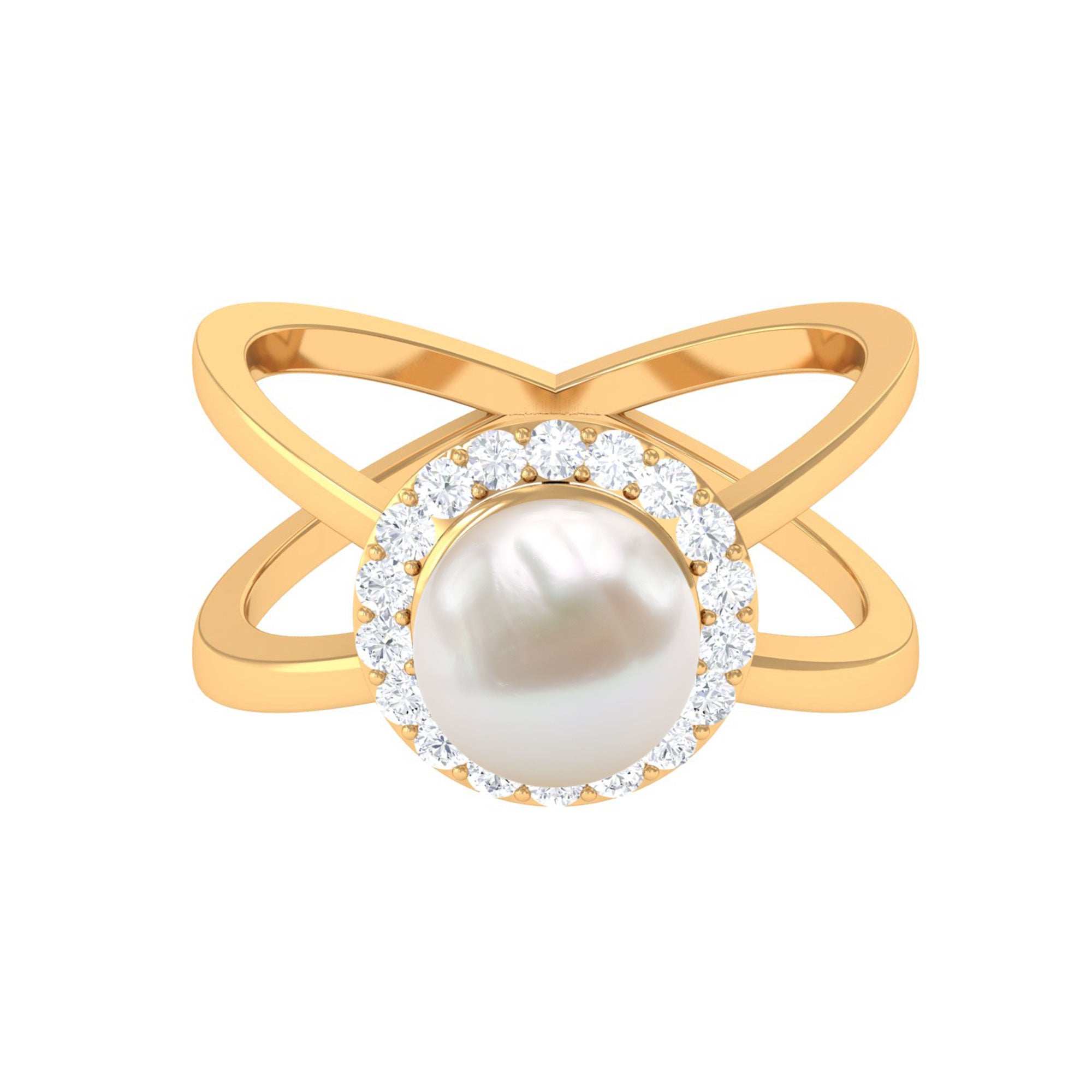 2.5 CT Freshwater Pearl Criss Cross Engagement Ring with Diamond Halo Freshwater Pearl - ( AAA ) - Quality - Rosec Jewels
