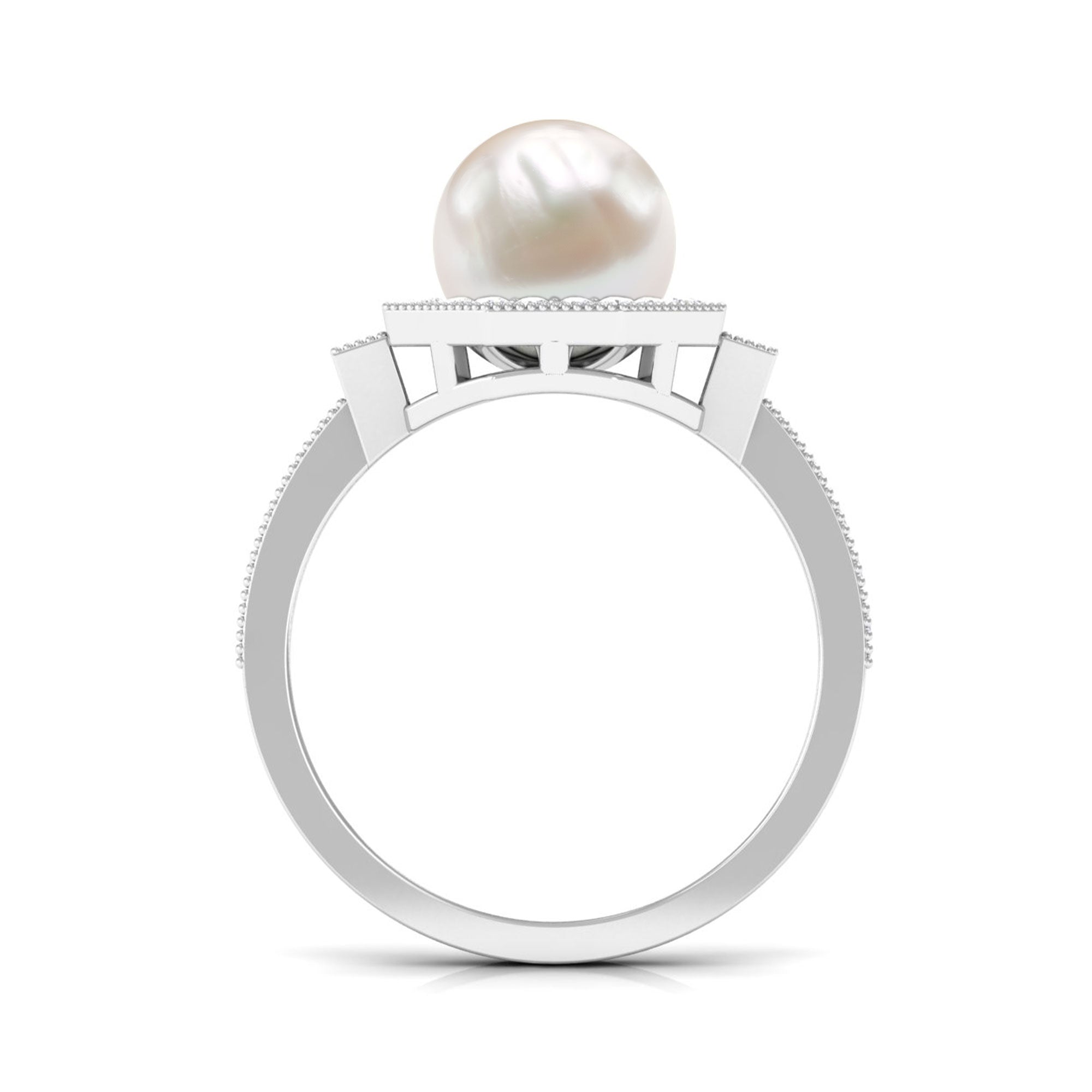 3 CT Freshwater Pearl Antique Beaded Ring with Diamond Halo Freshwater Pearl - ( AAA ) - Quality - Rosec Jewels