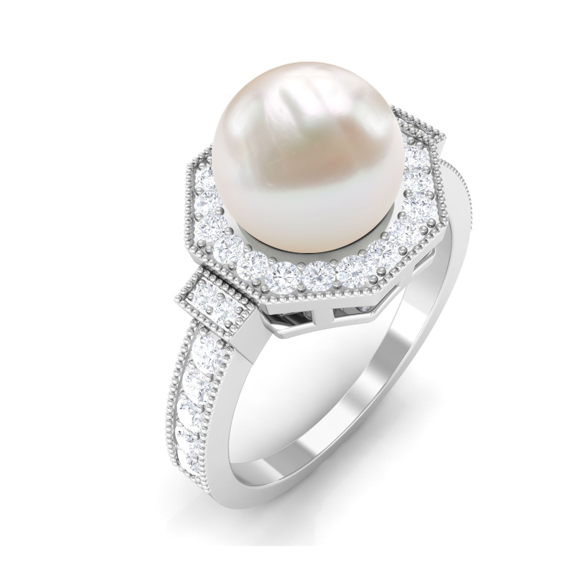 3 CT Freshwater Pearl Antique Beaded Ring with Diamond Halo Freshwater Pearl - ( AAA ) - Quality - Rosec Jewels