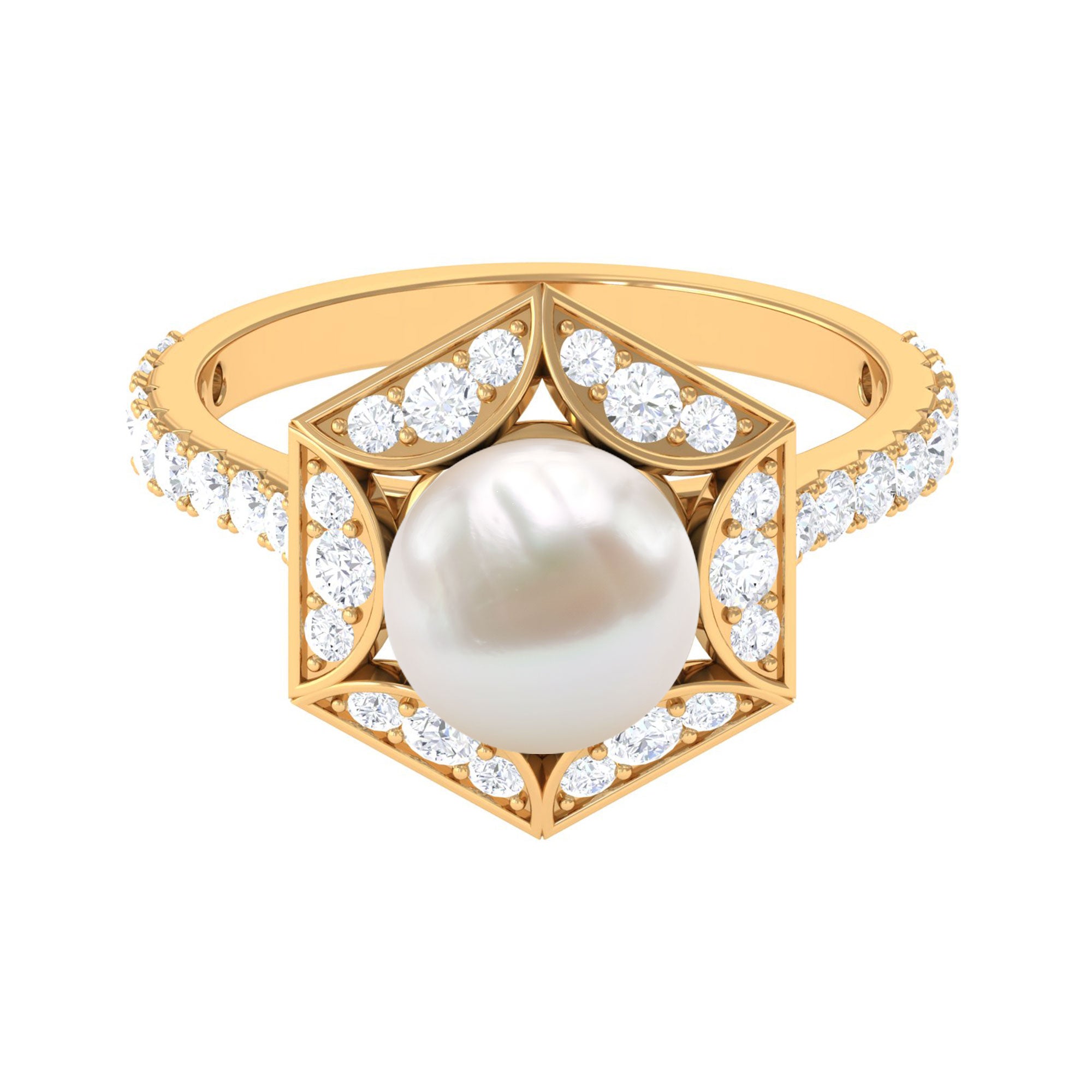 2.50 CT Freshwater White Pearl and Diamond Statement Ring Freshwater Pearl - ( AAA ) - Quality - Rosec Jewels