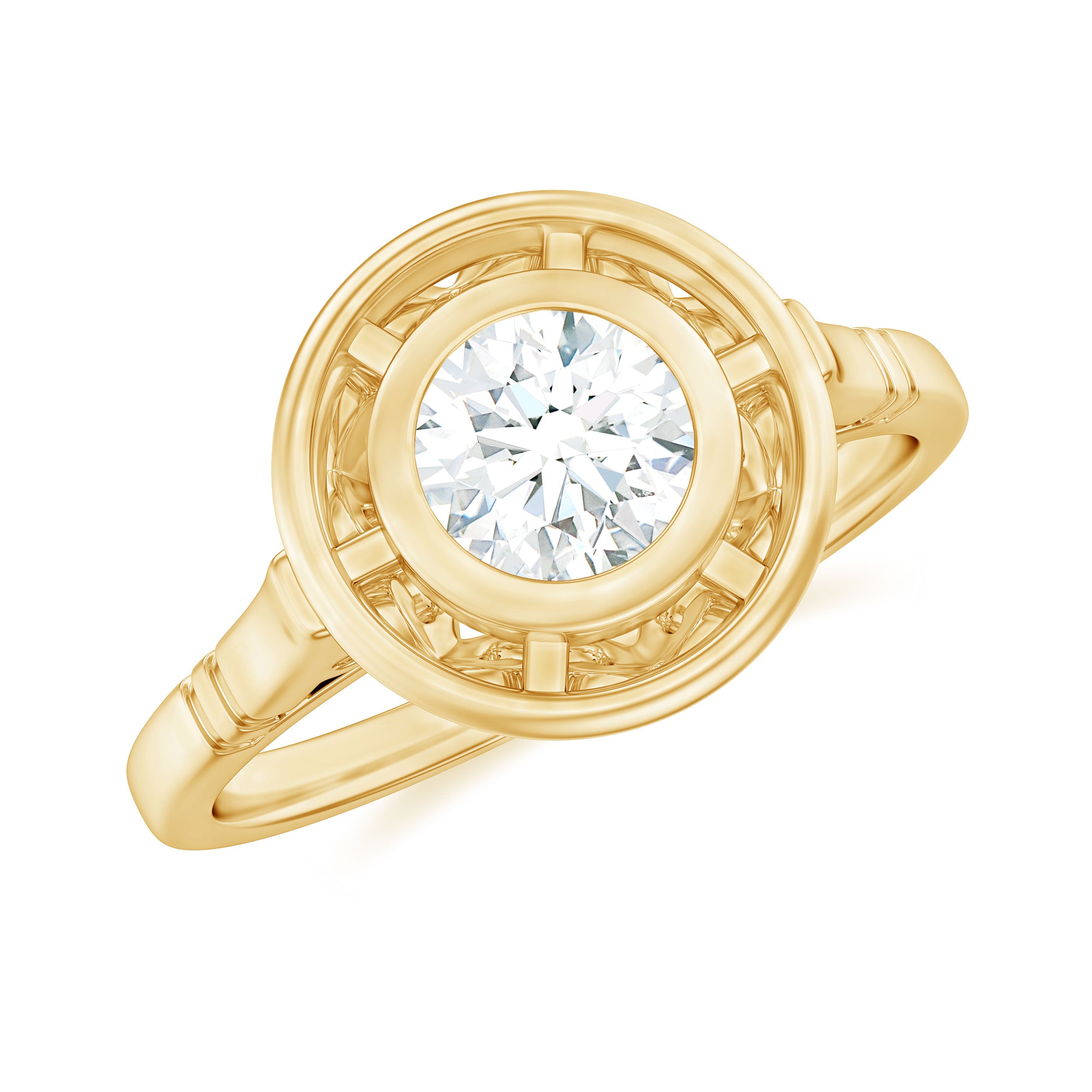 Antique Style Round Simulated Diamond Solitaire Ring in Gold Zircon - ( AAAA ) - Quality - Rosec Jewels