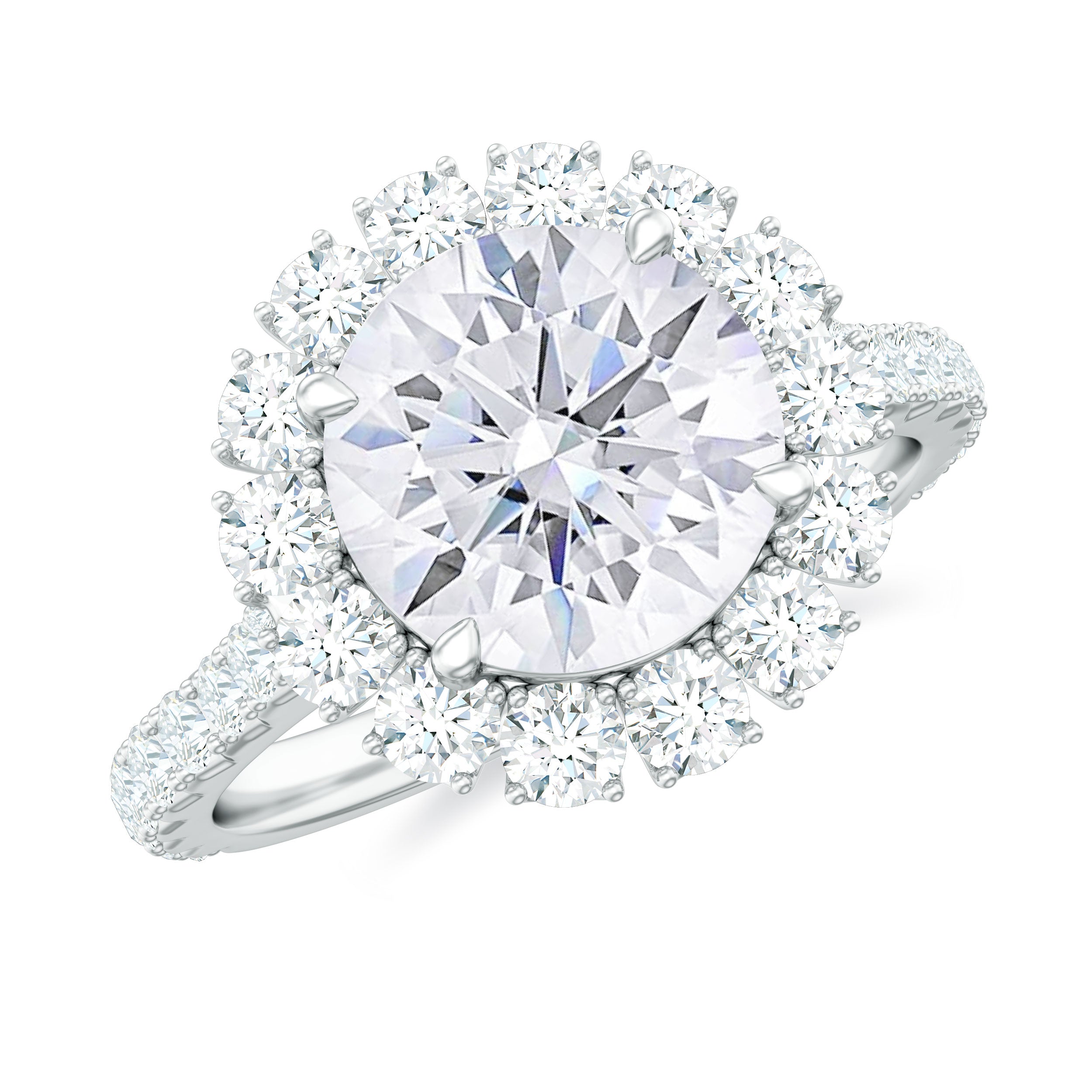 Zircon Round Engagement Ring with Floating Halo and Side Stones Zircon - ( AAAA ) - Quality - Rosec Jewels