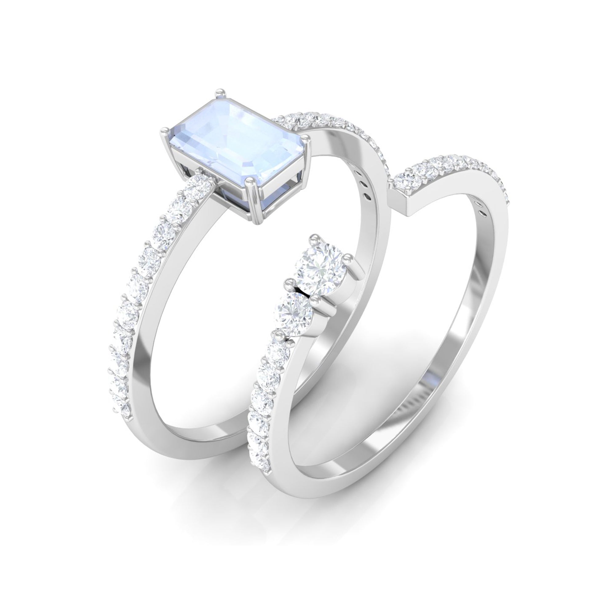 Stackable Ring Set with Moonstone and Diamond Moonstone - ( AAA ) - Quality - Rosec Jewels