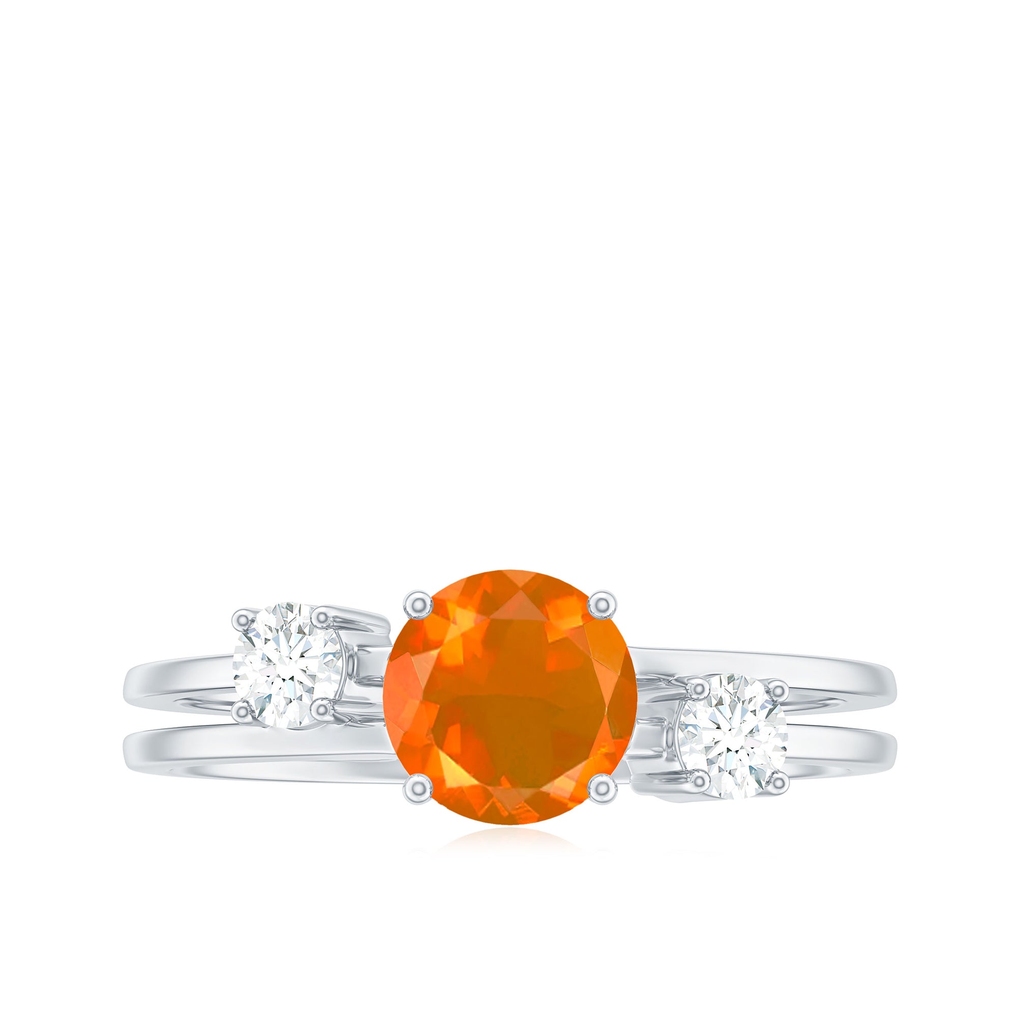 Double Band Engagement Ring with Fire Opal and Diamond Fire Opal - ( AAA ) - Quality - Rosec Jewels
