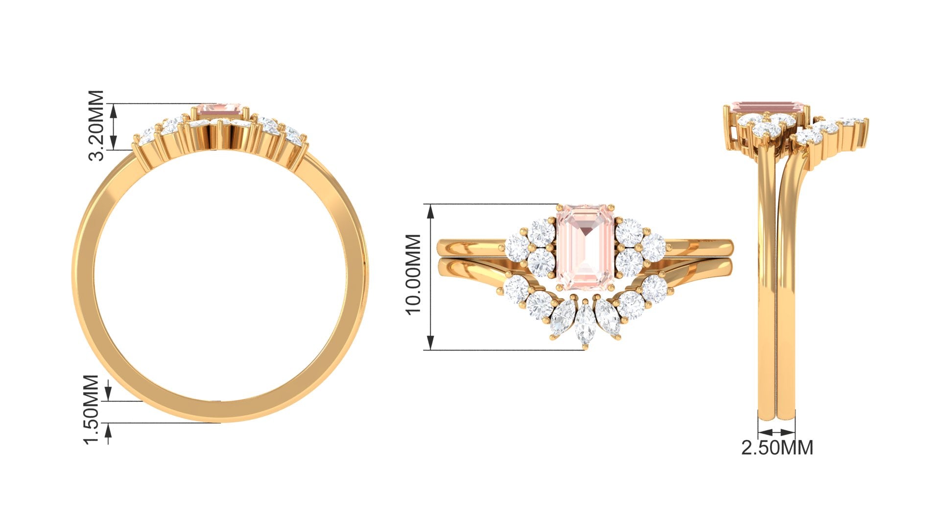 Emerald Cut Morganite Solitaire Stackable Ring Set with Diamond Morganite - ( AAA ) - Quality - Rosec Jewels