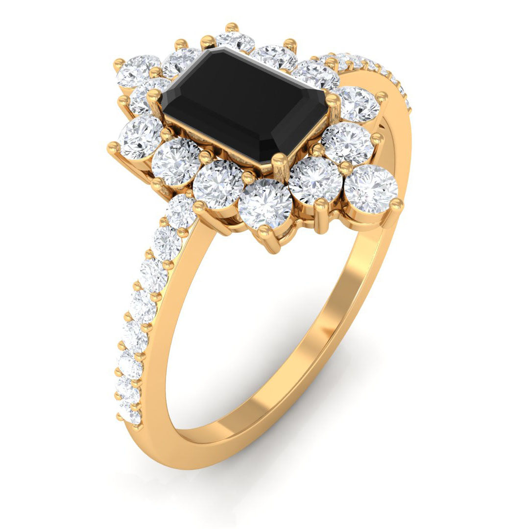 Emerald Cut Created Black Diamond Halo Engagement Ring with Diamond Lab Created Black Diamond - ( AAAA ) - Quality - Rosec Jewels