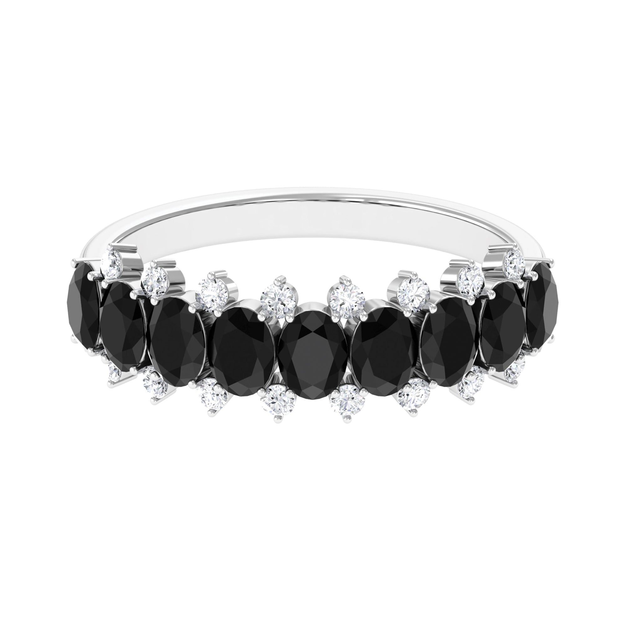 Oval Cut Black Onyx Half Eternity Ring with Diamond Black Onyx - ( AAA ) - Quality - Rosec Jewels